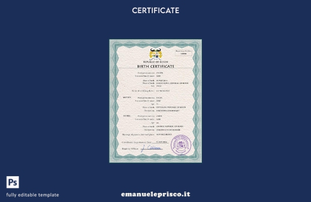 modello PSD del certificato di nascita dello stato civile del Benin in stile ver